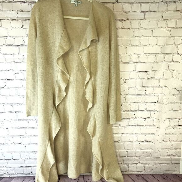 Beth Bowley Long Cream One Button Ruffled Cashmere Coastal Cardigan Sweater L - Picture 1 of 10